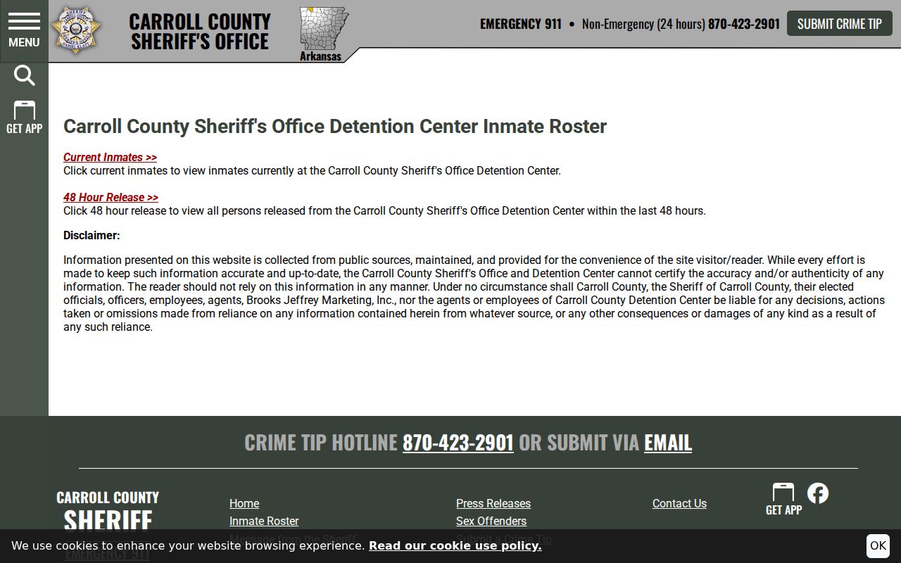 Carroll County Sheriff's Office inmate roster landing page with current and recent release options