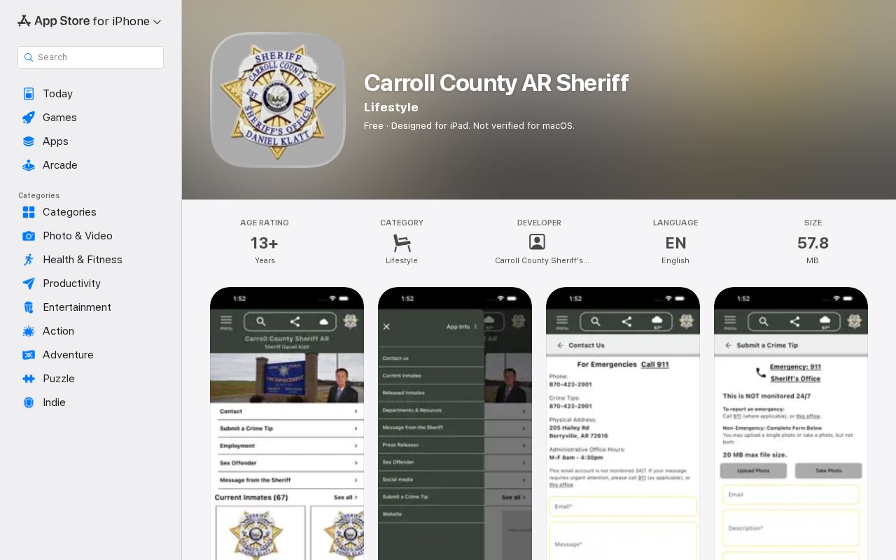 Apple App Store listing for the Carroll County AR Sheriff app