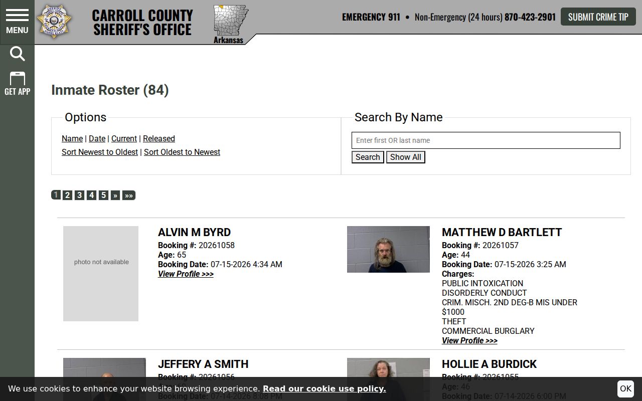 Carroll County current inmate roster interface with search and booking-time controls