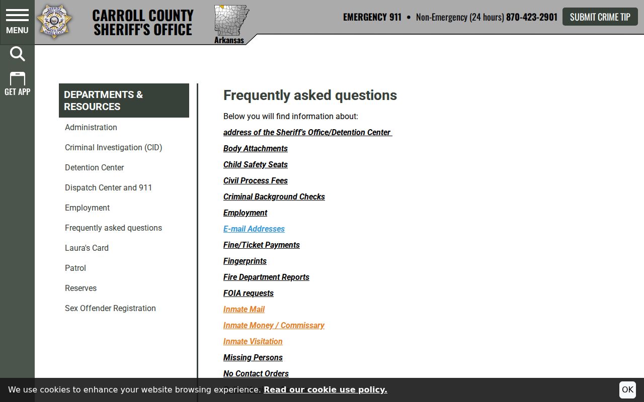 Holiday Island criminal records sheriff FAQ source